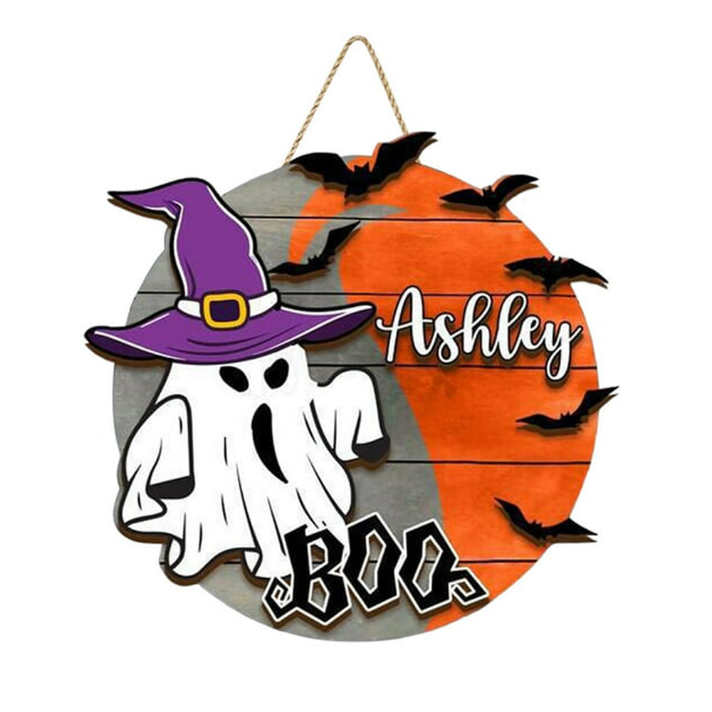 Custom Halloween Wood Layer Sign Boo Doorplate Hanging Round Sign Cute Wooden Sign Halloween Decoration Housewarming Gift