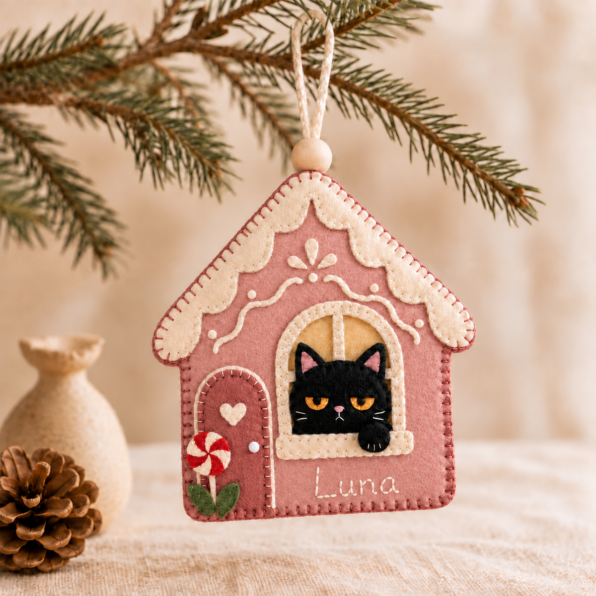 Personalized Black Cat Felt Ornament, Custom Name Gingerbread House Christmas Decoration, Cat Lover Gift 3349410b-1f7d-4bff-9ae7-e0cf9cc2a390-4.png