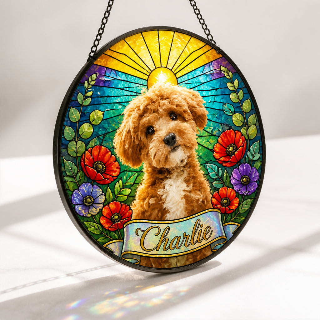 Custom Pet Photo Stained-Glass Suncatcher – Floral Sunrise - Personalized Suncatcher Stained Glass 334eafbe-4432-4302-a2c6-622456104b08.jpg