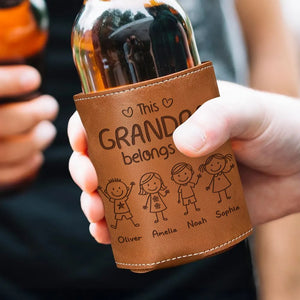 This Grandpa Belongs To Us - Personalized Leather Can Cooler - Gift For Dad, Grandpa, Father's Day