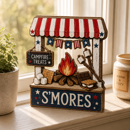 3D Wooden Marshmallow Stand Sign, Gift for BBQ Lovers, Fourth of July Decor, Custom Name Kitchen Block, Patriotic Diner Tabletop Art