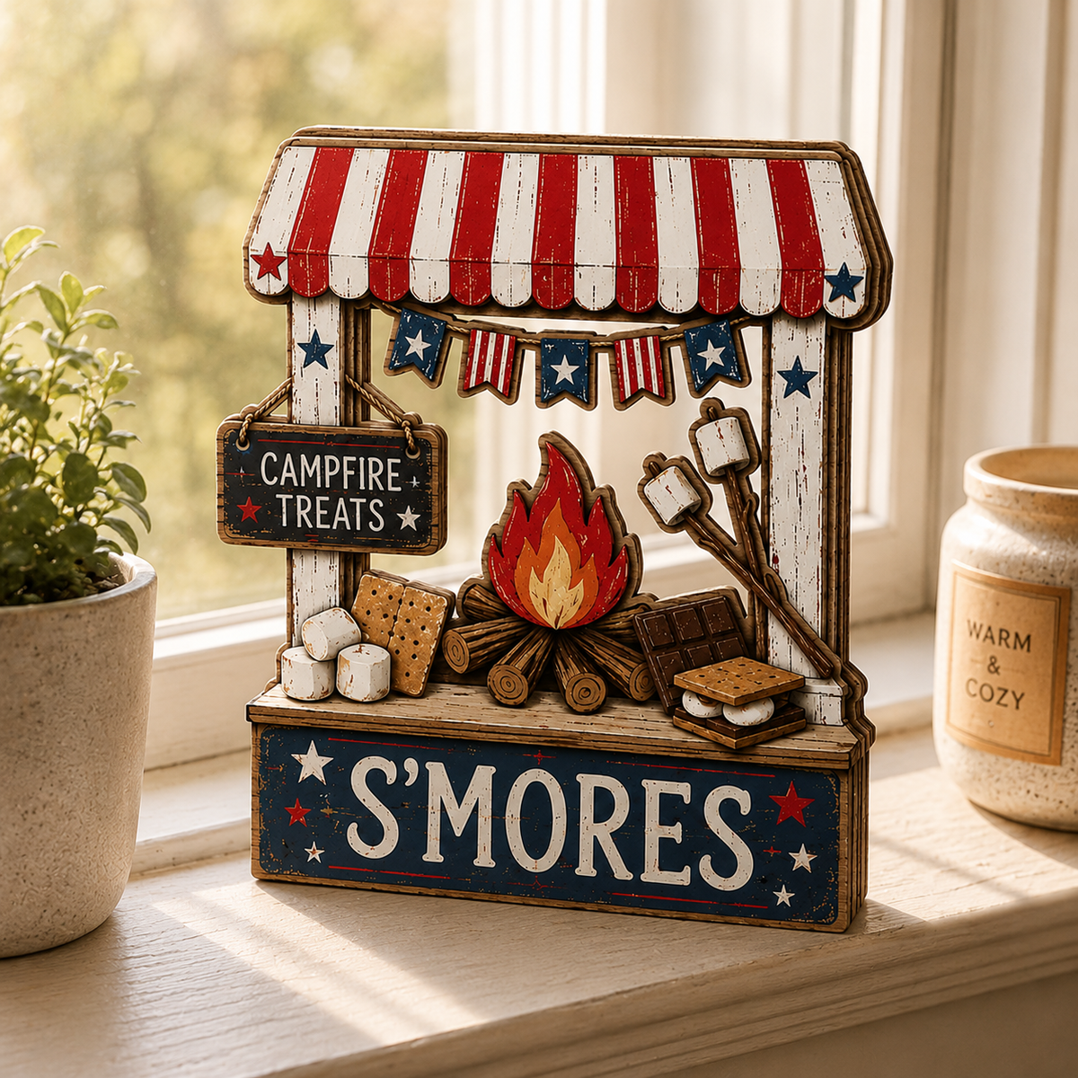 3D Wooden Marshmallow Stand Sign, Gift for BBQ Lovers, Fourth of July Decor, Custom Name Kitchen Block, Patriotic Diner Tabletop Art