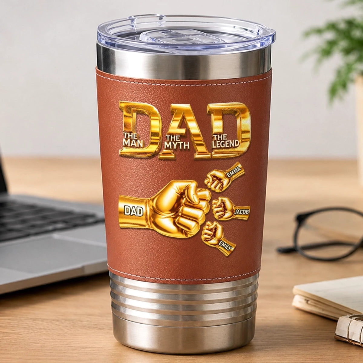 Dad Papa The Man The Myth The Legend - Personalized Leather Tumbler - Gift For Dad, Father's Day Gift