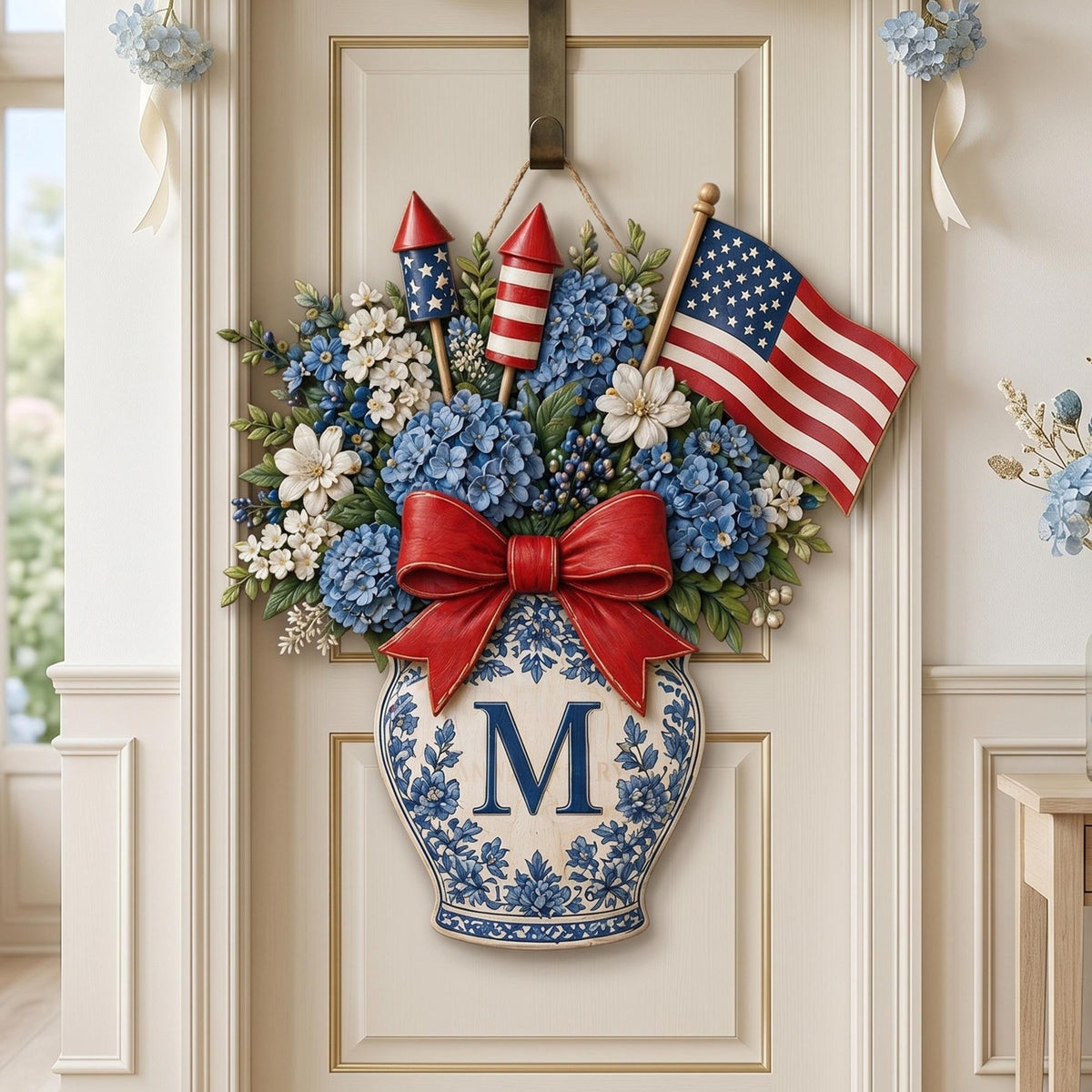 Personalized Patriotic Blue Hydrangea Wooden Door Hanger: Custom Monogram Chinoiserie Independence Day Gift