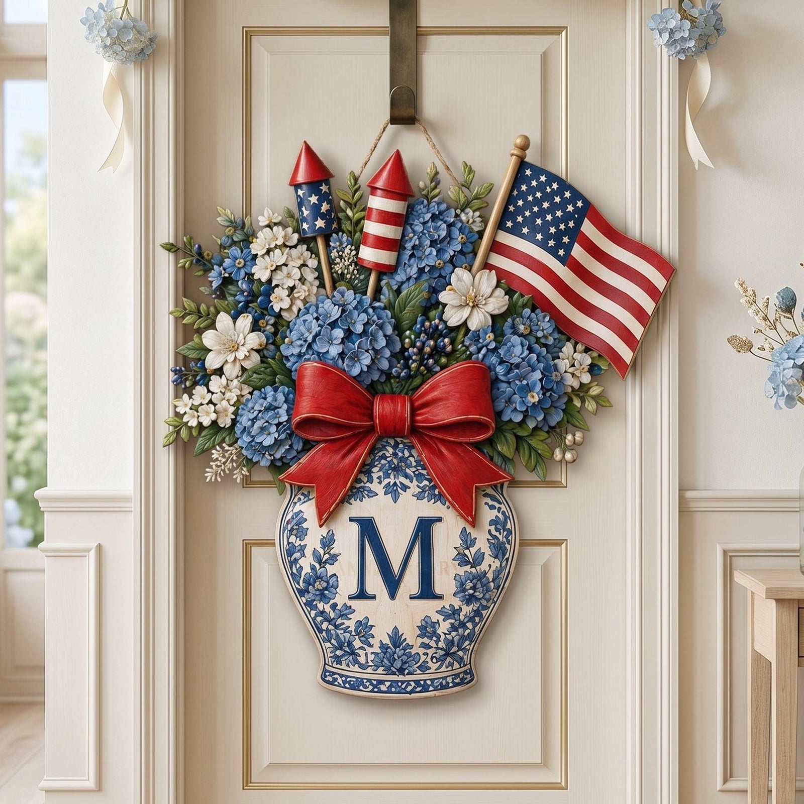 Personalized Patriotic Blue Hydrangea Wooden Door Hanger: Custom Monogram Chinoiserie Independence Day Gift