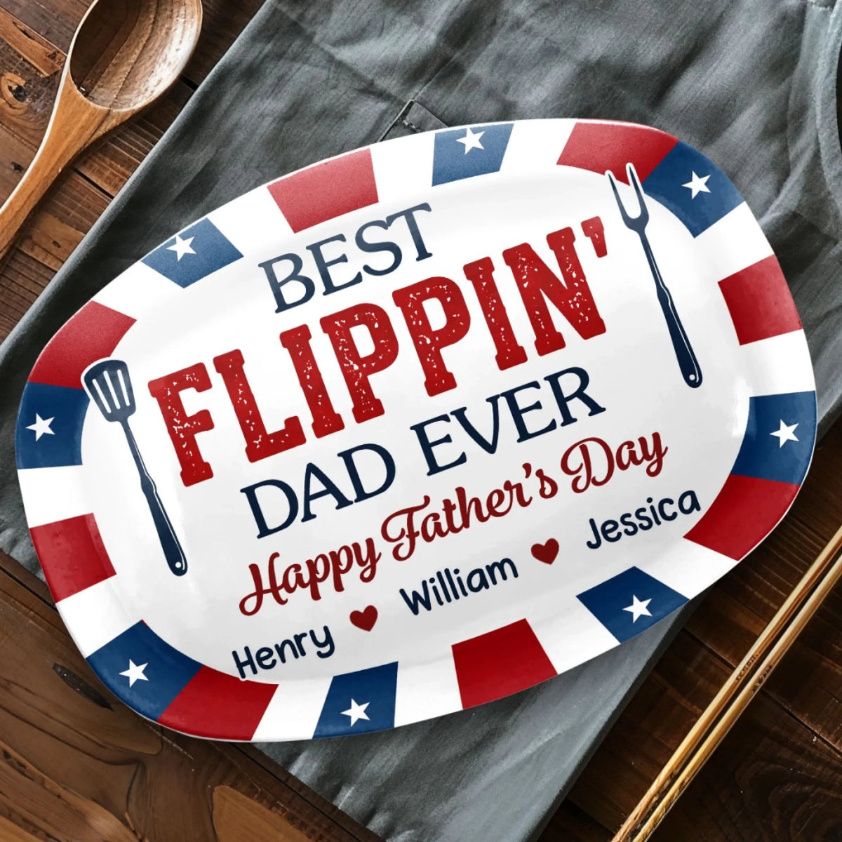 Best Flippin' American Dad Ever - Personalized Platter - 4th Of July Gift, Patriotic Gift For Family, Gift For Grilling Dad
