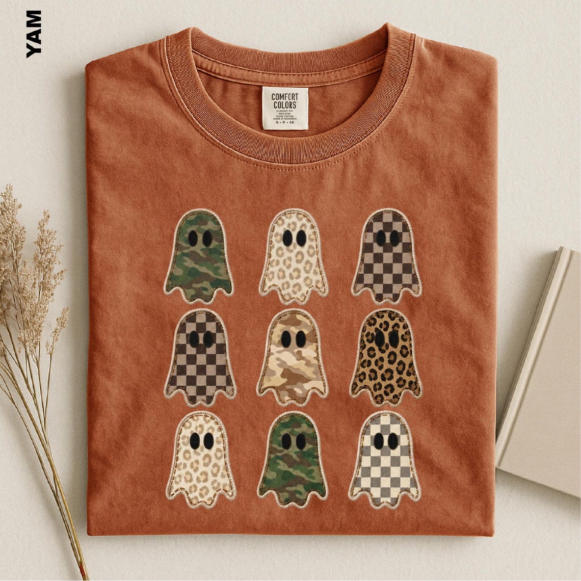 Halloween Ghost Faux Patchwork Shirt, Camo Leopard Checkered Ghosts Tee, Cute Spooky Season Comfort Colors Top, Fall Halloween Sweatshirt 33b409a9-10d2-44a7-a628-ccd87de70ecf-3.jpg