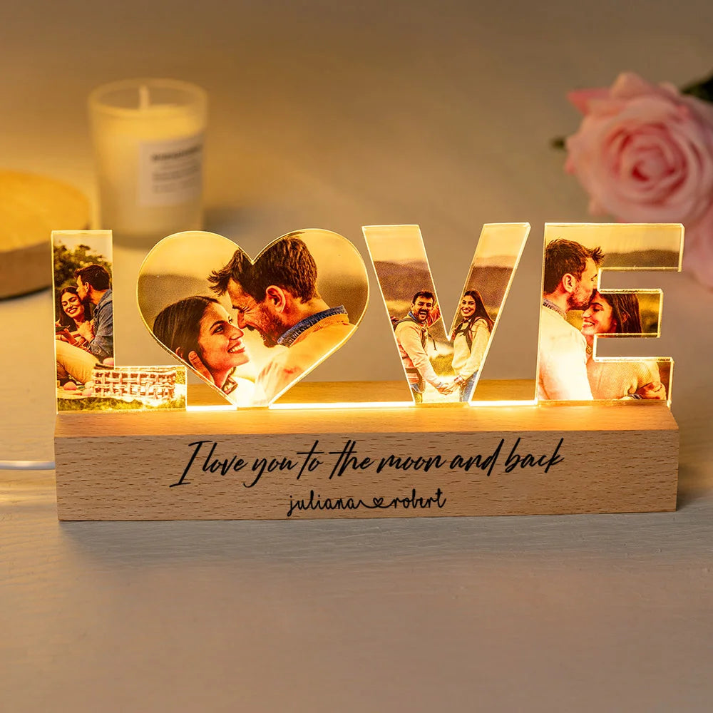 Personalised Couple Photos LED Night Light with Wooden Base Home Decor Anniversary Valentine's Day Gift for Couples