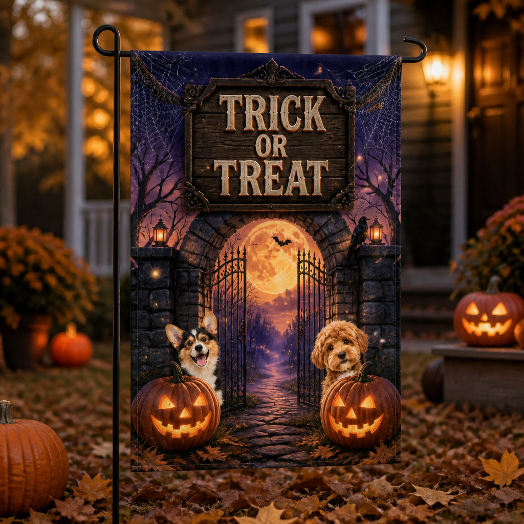 Trick or Treat Halloween Pet Photo Garden Flag - Personalized Family Flag 33cee748-6095-423a-8d56-7051a16b5282.jpg