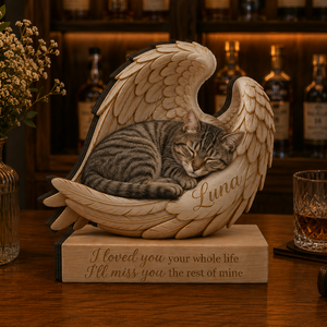 Personalized Wood Tabby Cat Memorial Block: Custom Angel Wing Cat Portrait Stand, Pet Sympathy Gift