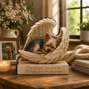 Personalized Wood Yorkie Memorial Block: Custom Angel Wing Dog Portrait Stand, Pet Sympathy Gift