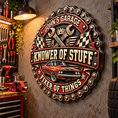 Knower Of Stuff Metal Wall Art - Personalized Garage Gifts for Him 3455de34-46c3-43c7-af9e-a49b9f5fc43e-6285e768-1fd3-457e-87b8-ce19ebc8da91.png