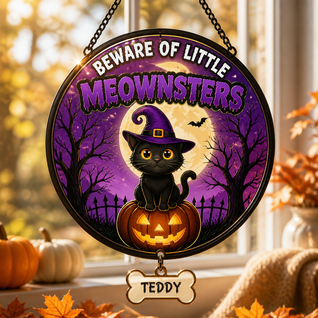Halloween Cat Garden Flag – Beware of Little Meownsters (Personalized Name) - Personalized 1 Layered Suncatcher with Charm 34e02bf3-6cec-44ac-ab2c-6853809884ae.png