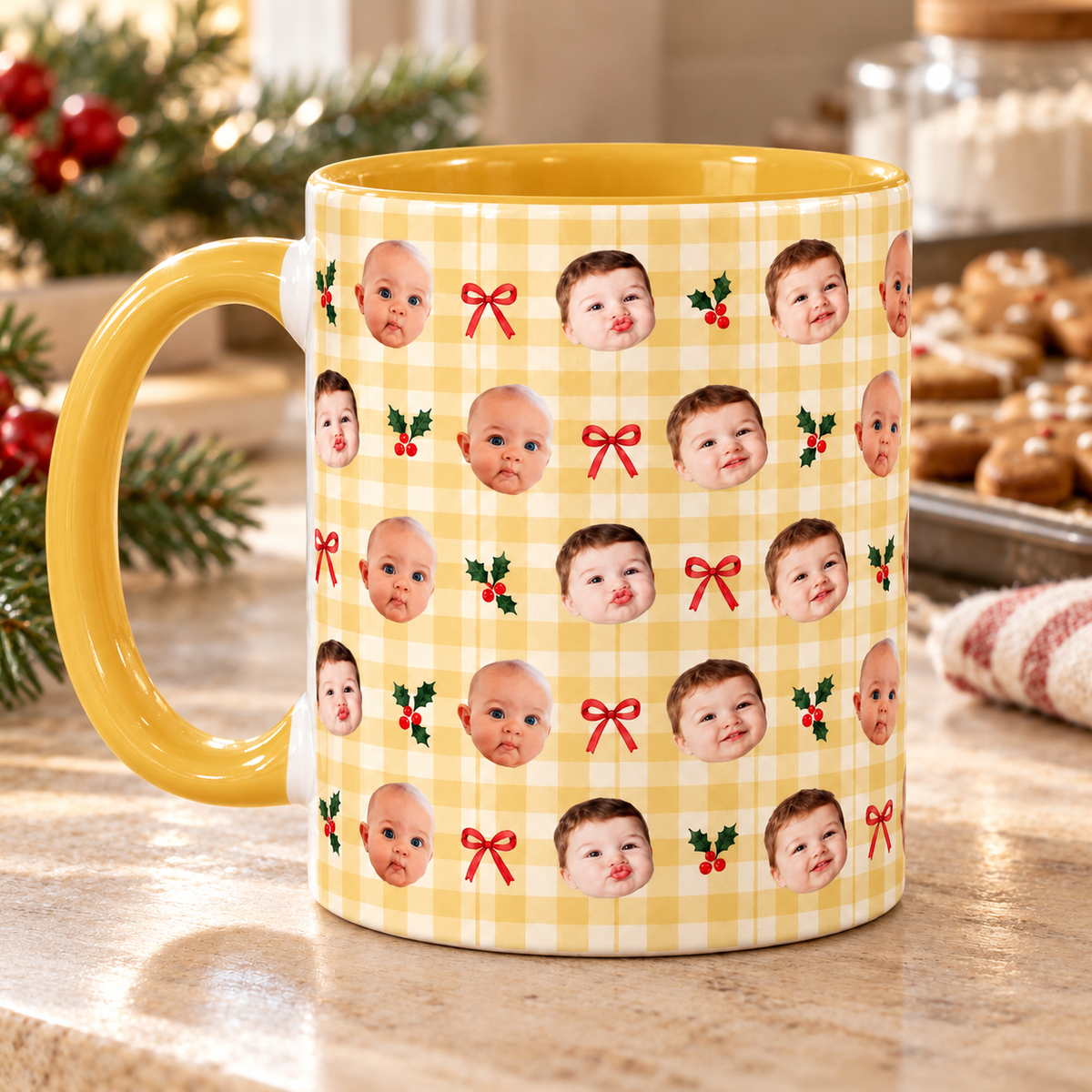 Personalized Christmas Photo Mug, Custom Baby Face Coffee Cup with Pink Plaid, Bows and Holly, Holiday Gift for Mom and Grandma 357779bf-870e-46d5-823d-4f12ecfd623b-Personalized-soft-mustard-Christmas-family-mug-4.png