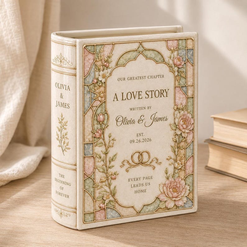 Personalized Ceramic Book Vase, Custom Couple Names and Wedding Date, Floral Stained Glass Style Anniversary Home Decor, Gift For Wedding 35a5bc82-7b3e-407c-be02-6ec68f5dc781-n1.jpg