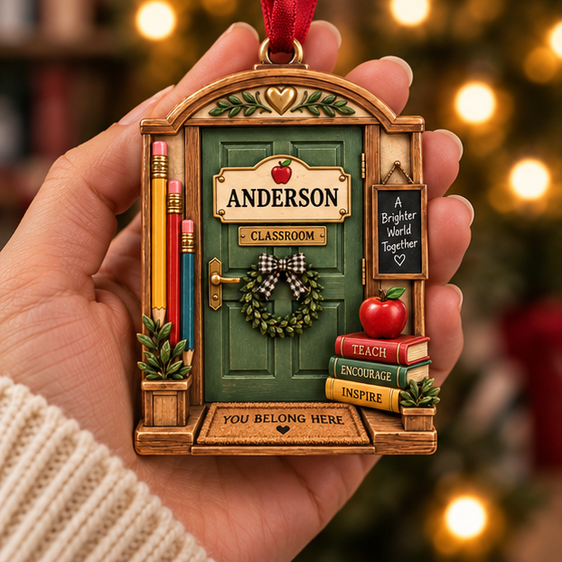 Personalized Teacher Classroom Door Christmas Ornament - Custom Name Educator Tree Decor 36350d02-52af-498c-9b91-c02f937e9144-teacher_classroom_mockup_3_handheld.png