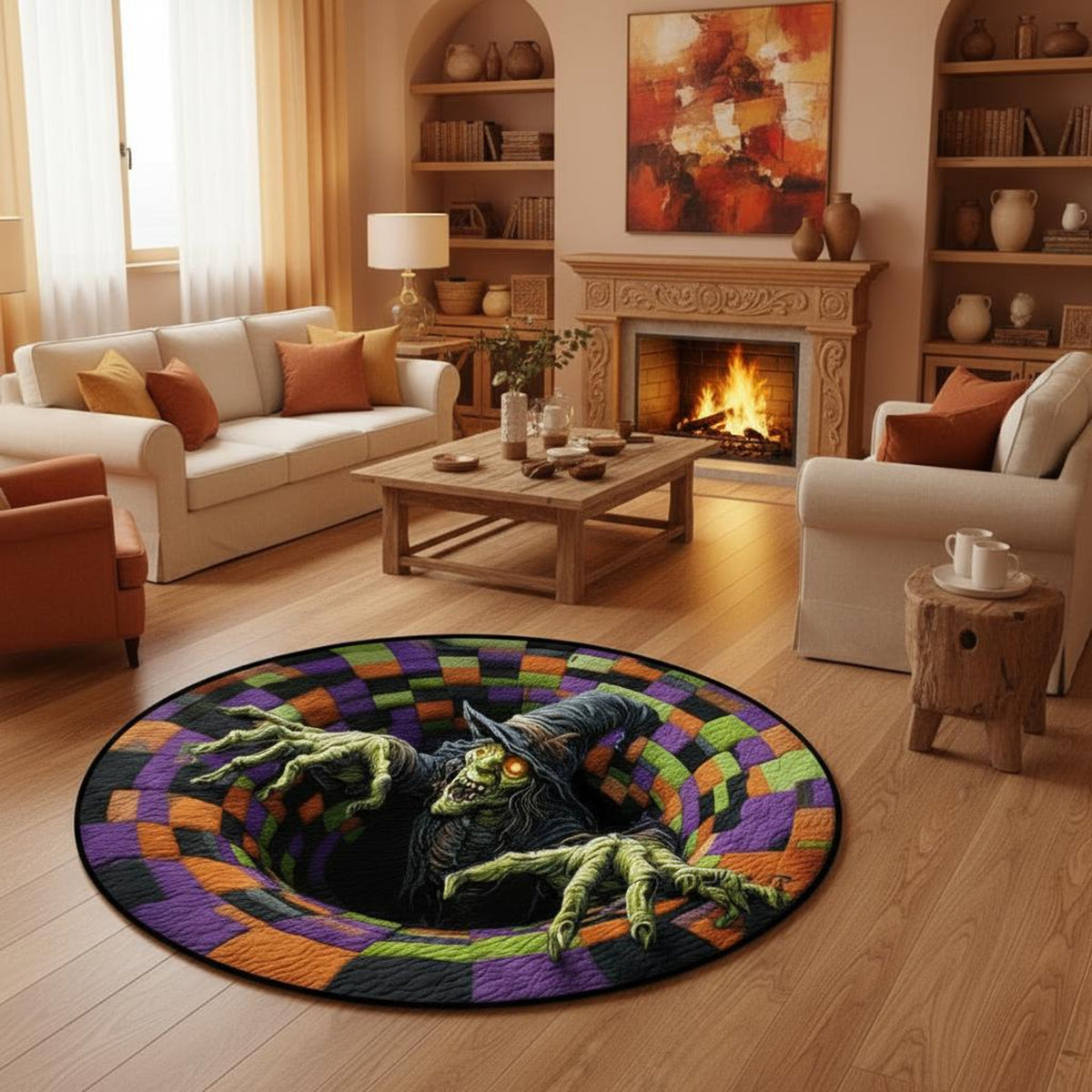 Halloween Witch & Ghost Round Rug, Spooky Welcome Mat, Cozy Indoor Carpet, Haunted Floor Mat for Entryway or Bedroom, Perfect Fall Gift Idea 3682dd24-307c-4799-96cc-8456ae1e756f-4.jpg