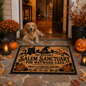 Witch Cat Welcome Mat, Salem Sanctuary Personalized Halloween Doormat, Custom Family Name Wayward Cats Sign, Cat Lover Porch Fall Decor 373d5bf7-c09e-4288-8dd1-17e6ee4cab0d-ef35b452-06c6-42de-a69f-ec158172d72b.png