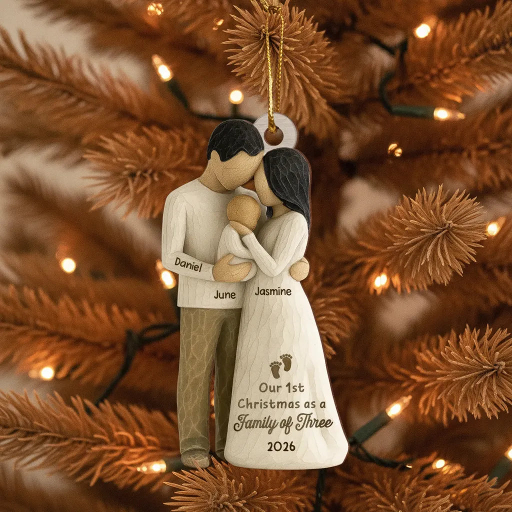 2D Flat Printed First Christmas As Family Of Three Mom Dad & Baby - Personalized Wooden Ornament