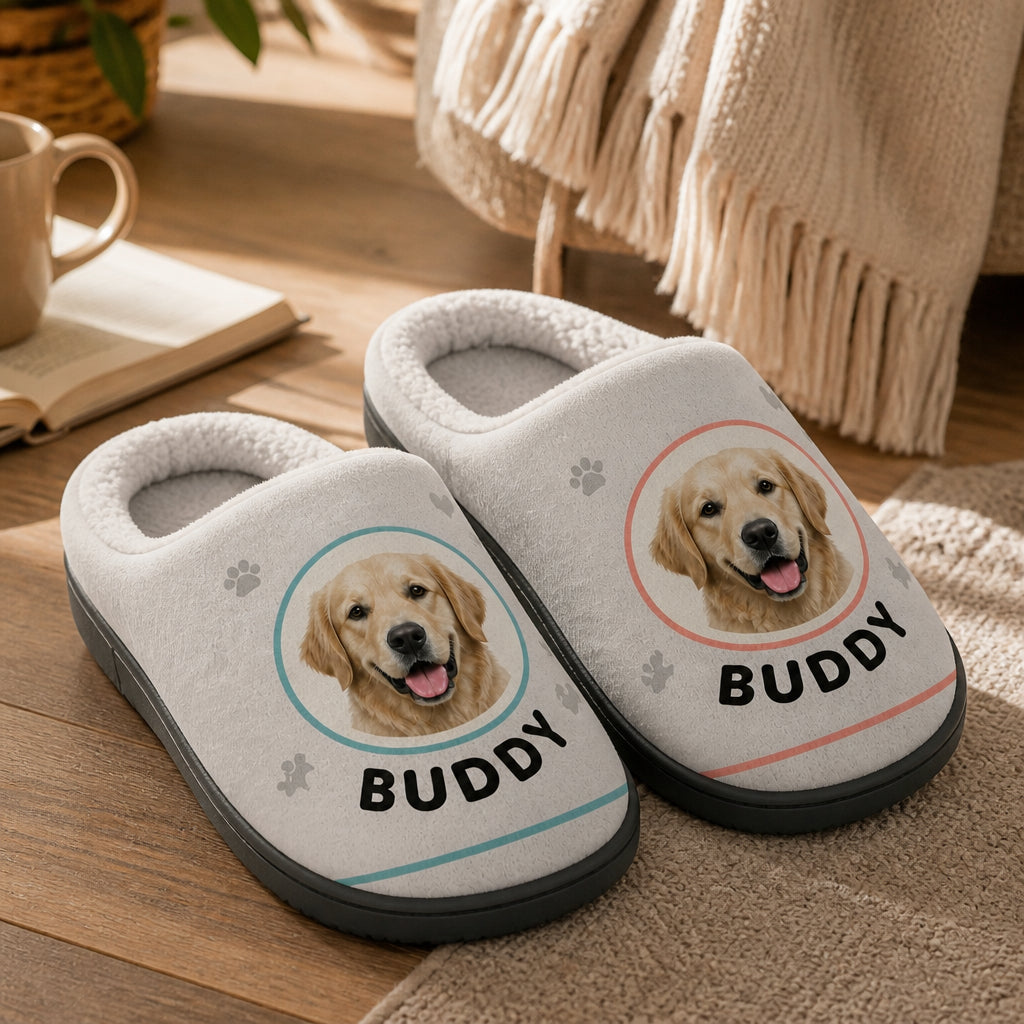 Custom Pet Face Cozy Slippers – Single Photo Badge with Name Pattern - Personalized Fleece Slipper 37bbe88f-ae55-413a-8695-e3444c90c037.jpg
