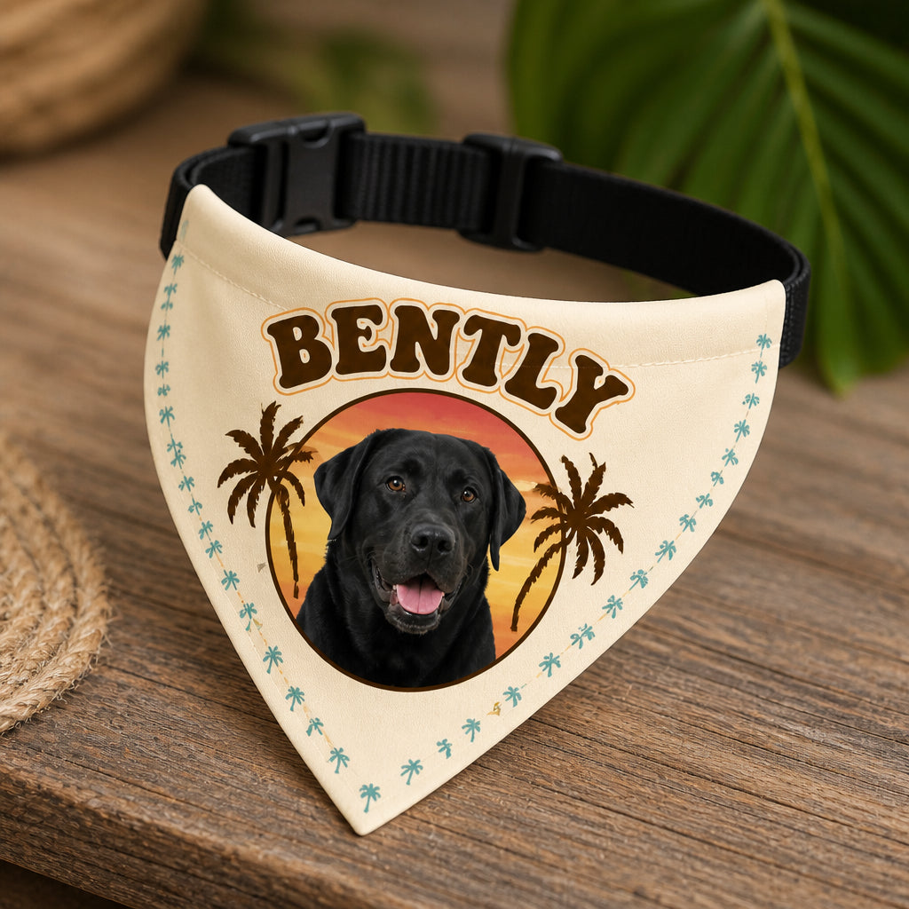 Custom Pet Photo Bandana – Tropical Sunset Badge with Name - Personalized Pet Bandana Collar With Adjustable Buckle 37d506f1-e6cd-4a74-9c3d-2896ab11ead6.jpg