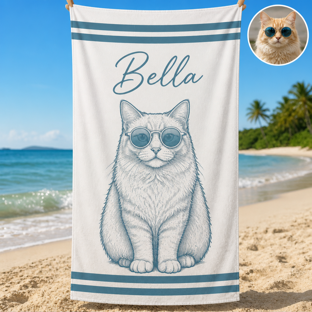 Custom Pet Beach Towel – Retro Sunglasses Portrait with Name - Personalized Beach Towel 384495bc-55d5-4800-b4c2-2d87cb2d7af7.png