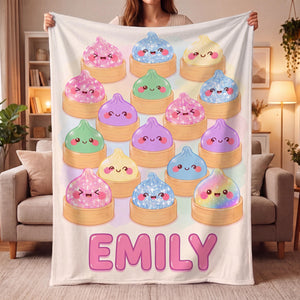 Personalized Squishy Dumpling Flannel Blanket, Custom Pastel Kawaii Throw, Cute Name Bedding Gift for Girls 3868cf63-06e6-4576-81b9-75fea2658e8d-3.jpg