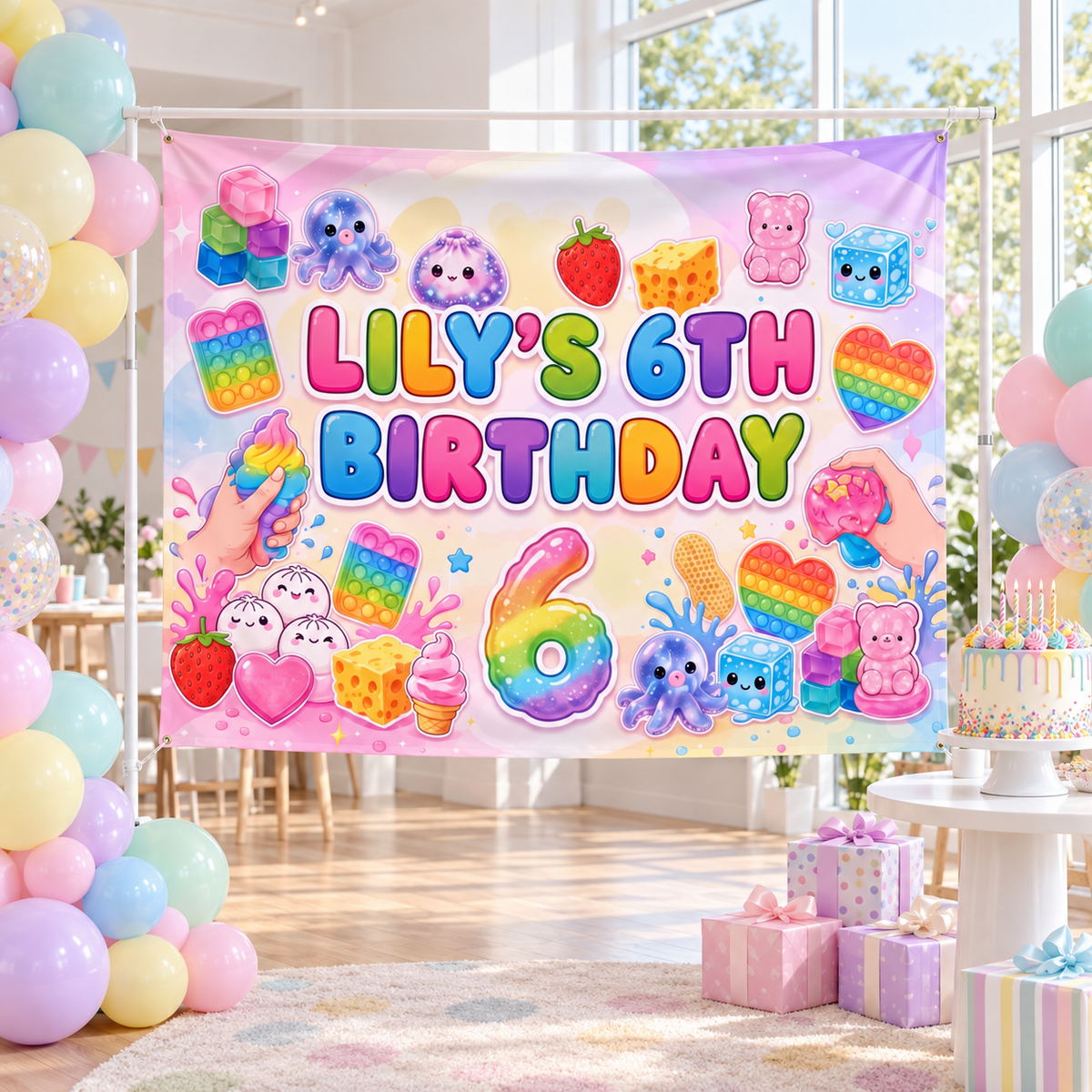 Custom Pastel Rainbow Kawaii Birthday Backdrop, Sensory Toy Fidget Party Banner, Personalized Dumpling Tapestry Photo Booth Decor 386aab44-7b62-4233-982b-91e9e4b84b6c-banner-1.png