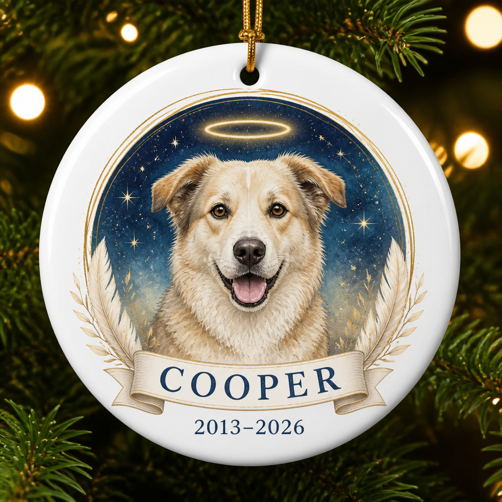 Custom Pet Memorial Angel Ornament – Photo to Art with Name & Years - Personalized Aluminum Ornament 388f9aca-cf0c-42a0-aabd-01f4ab8c347b.png