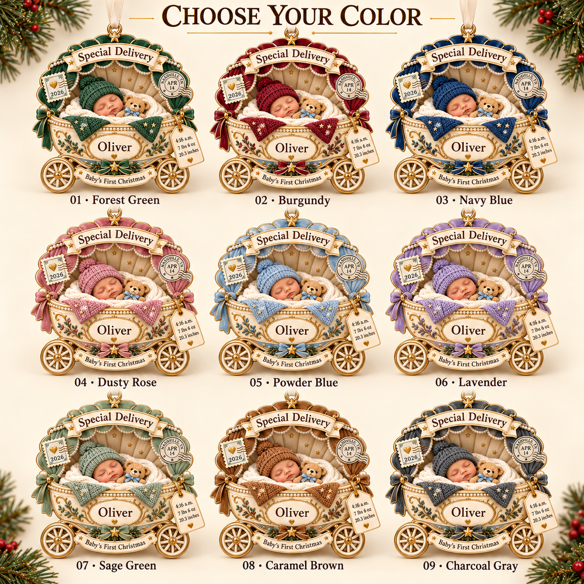Personalized Baby’s First Christmas Ornament 2026 – Special Delivery Baby Carriage, Custom Name & Birth Stats Keepsake, Gift for New Parents 38b69886-1064-49a8-adef-1822f28bc421-Baby-carriage-ornament-color-options-chart-1.png
