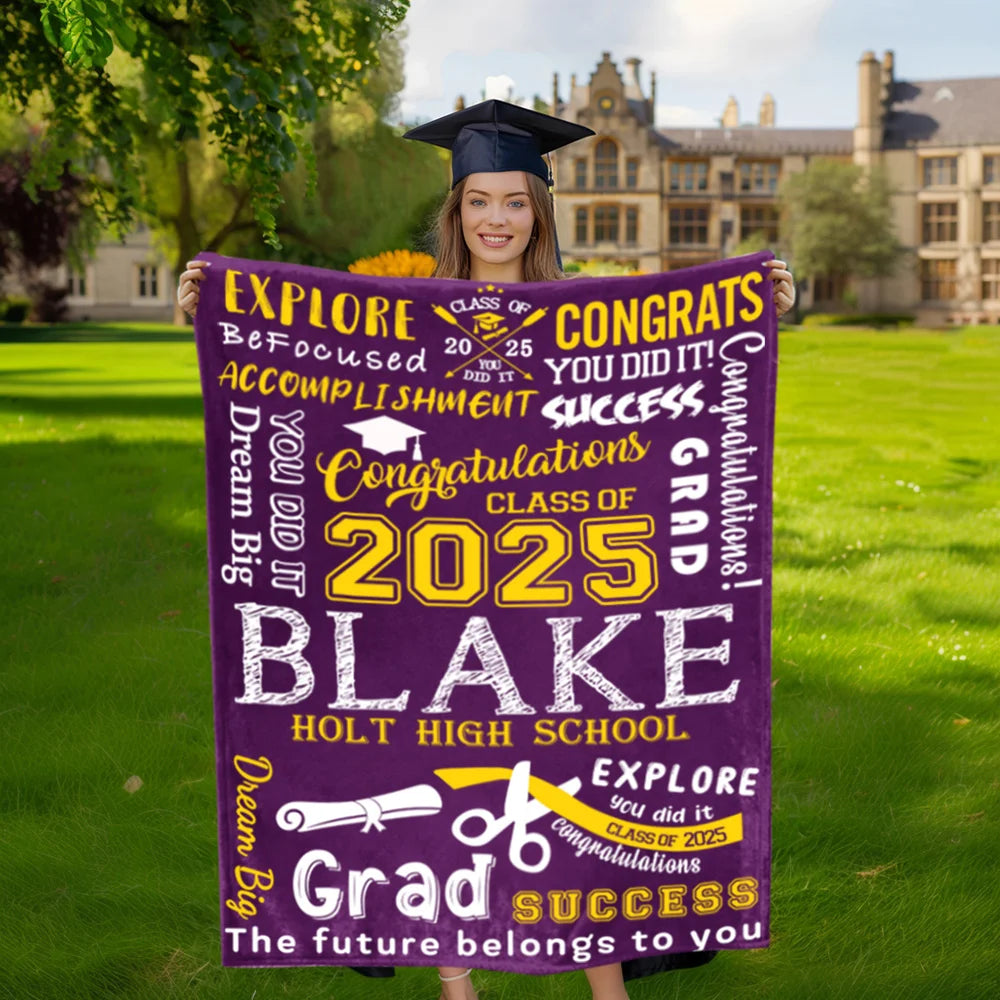 Personalised Graduation Inspiration Multicolor Soft Fleece Name Blanket with Year and School Name Class of 2025 Graduation Gift for Graduate