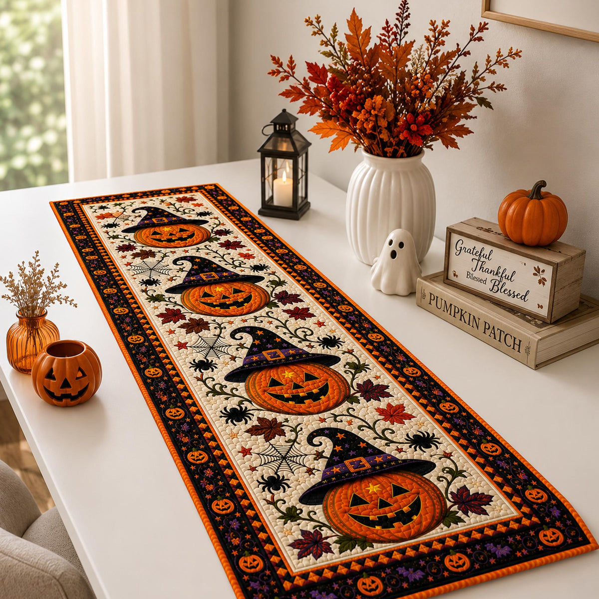 Halloween Pumpkin Quilt Table Runner, Witch Hat Fall Decor, Autumn Spider Web Bats 38ed72f9-aec6-48cd-b12f-98bc89c5aeef-6.jpg