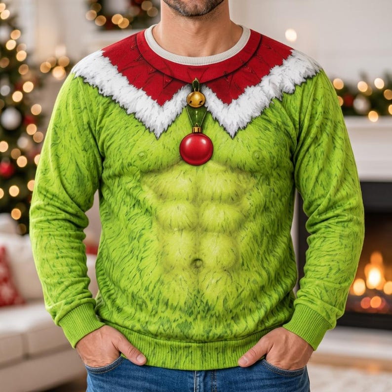 Funny Green Fur Ugly Christmas Sweatshirt, Fake Abs Santa Clause Ugly Sweatshirt, Green Christmas Cosplay Outfit, Christmas Party Costume, Funny Gìt 390cafe8-3d03-476a-956a-c224edb7f0be-p2.jpg