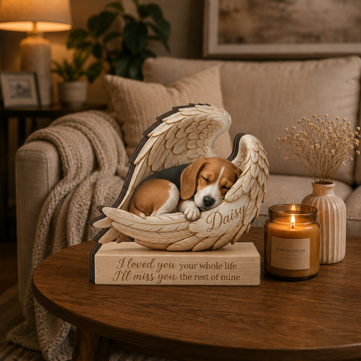 Personalized Wood  Beagle Memorial Block: Custom Angel Wing Dog Portrait Stand, Pet Sympathy Gift