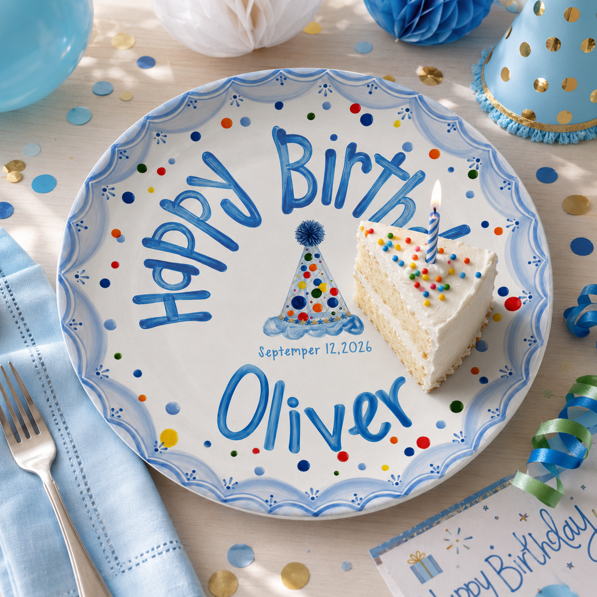 Personalized Boys Birthday Plate, Custom Name Ceramic Plate, Party Hat Colorful Dots, Kids Keepsake Gift, Birthday Party Decor 3915c940-ff3b-49d6-a973-8b2dcb2e6536-banner-5.png