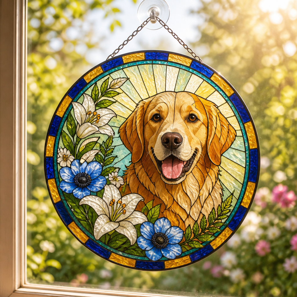 Custom Pet Stained-Glass Round Suncatcher – Floral Portrait - Personalized Suncatcher Stained Glass 39412729-17ed-433a-85eb-5fb2a1c76bb6.png
