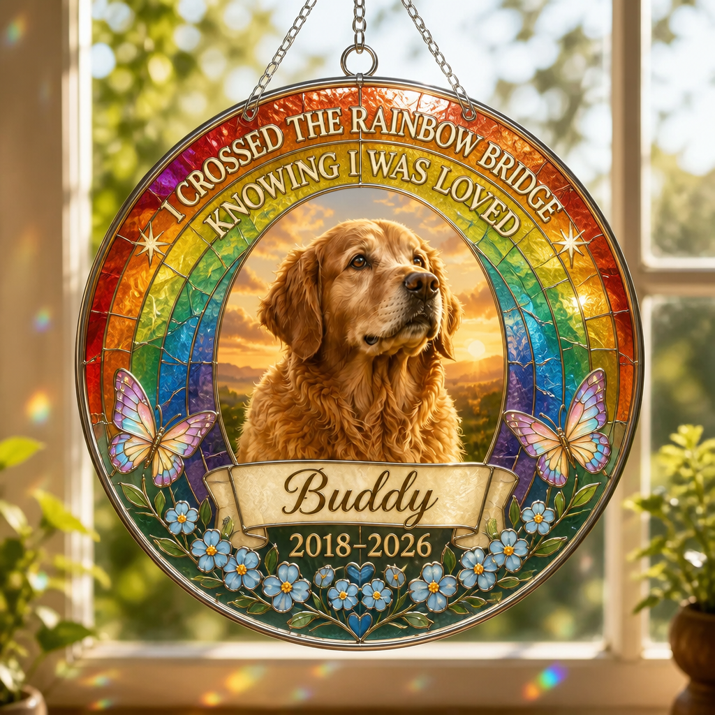 Rainbow Bridge Pet Memorial Stained-Glass Suncatcher — Photo, Name & Years - Personalized Suncatcher Stained Glass 3964848b-16e8-4db8-9125-64b7c9163aa1.png