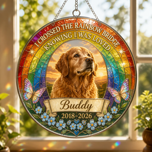 Rainbow Bridge Pet Memorial Stained-Glass Suncatcher — Photo, Name & Years - Personalized Suncatcher Stained Glass 3964848b-16e8-4db8-9125-64b7c9163aa1.png