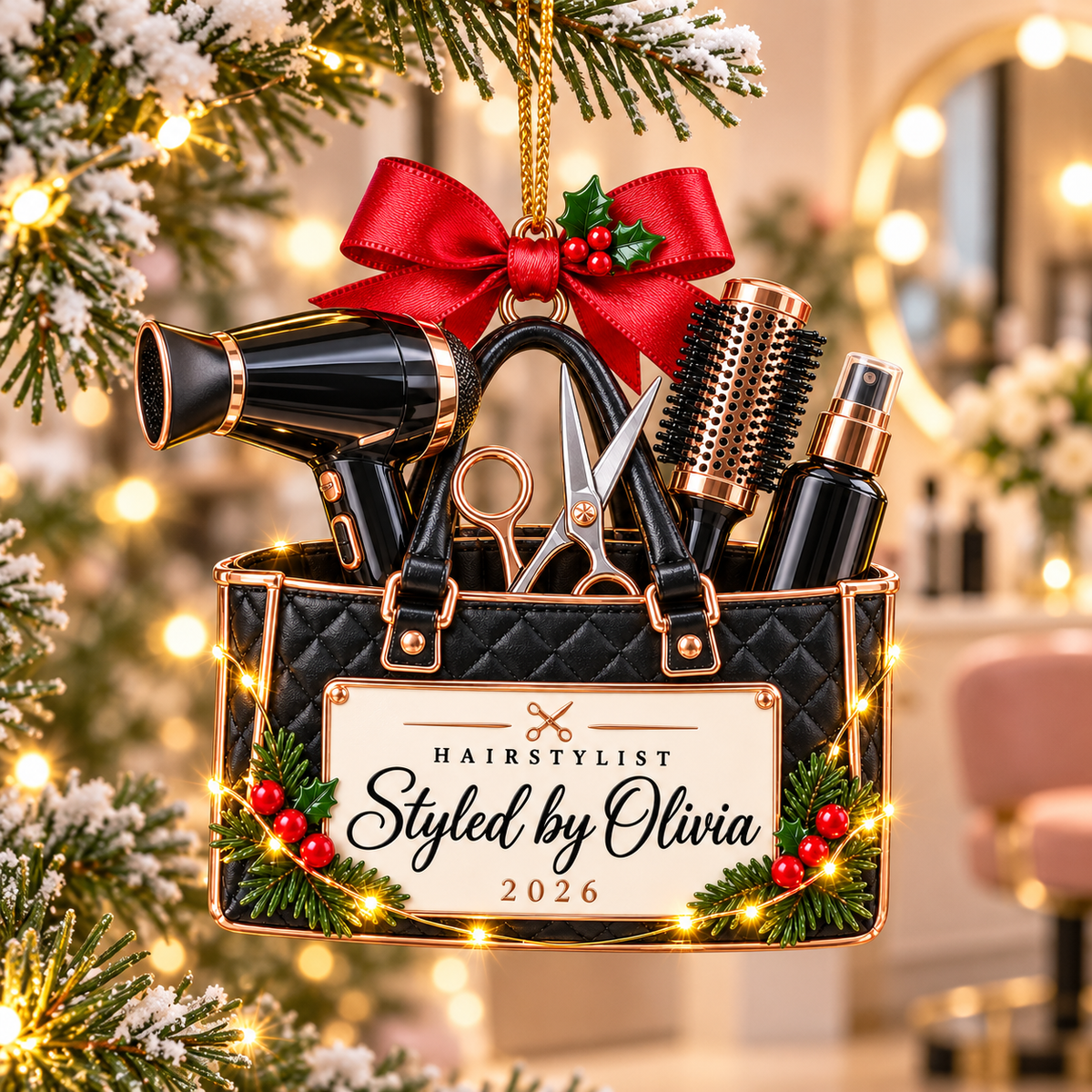 Personalized Hairstylist Christmas Ornament 2026 – Custom Name Salon Bag with Hair Dryer, Scissors and Brush, Hairdresser Appreciation Gift 3980d148-d9b5-44b0-bde4-406e9aeafc08-Hairstylist-tote-ornament-on-snowy-tree-1.png