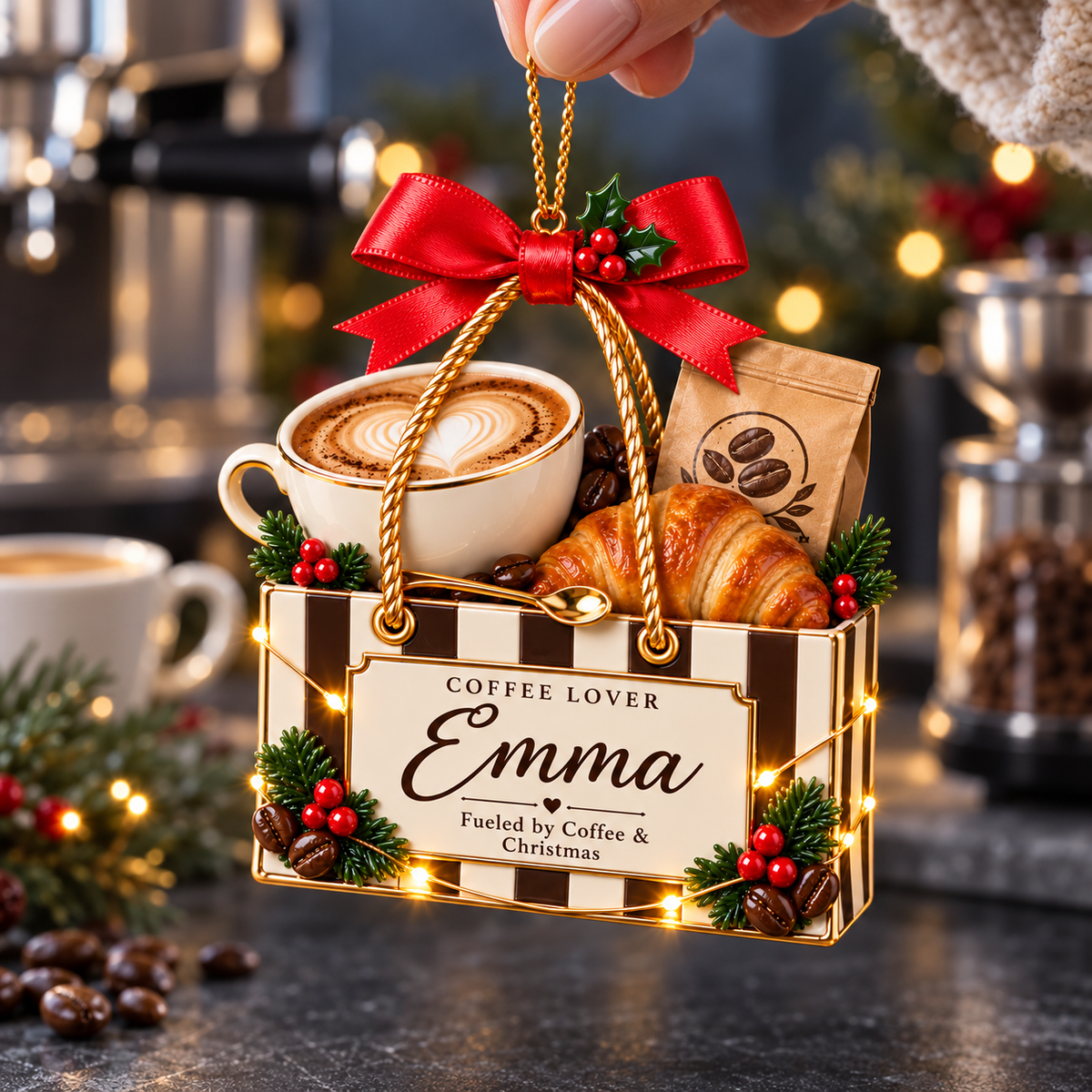 Personalized Coffee Lover Christmas Ornament – Custom Name Coffee Bag with Latte and Croissant, Holiday Keepsake Gift for Coffee Lovers and Baristas 39ed412a-a5d6-4093-9e3e-2ee7f8dd564f-Coffee-Lover-Ornament-in-Festive-Coffee-Glow-4.png