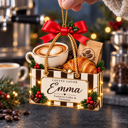 Personalized Coffee Lover Christmas Ornament – Custom Name Coffee Bag with Latte and Croissant, Holiday Keepsake Gift for Coffee Lovers and Baristas 39ed412a-a5d6-4093-9e3e-2ee7f8dd564f-Coffee-Lover-Ornament-in-Festive-Coffee-Glow-4.png