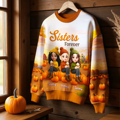 Fall Season Besties Sitting On Pumpkins Personalized 3D Sweatshirt