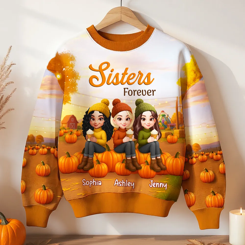 Fall Season Besties Sitting On Pumpkins Personalized 3D Sweatshirt