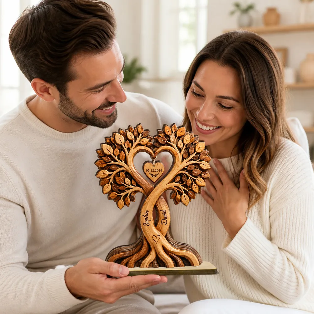 Couple Heart Tree - Personalized Wooden Plaque - Anniversary Gift for Him, Gift for Her
