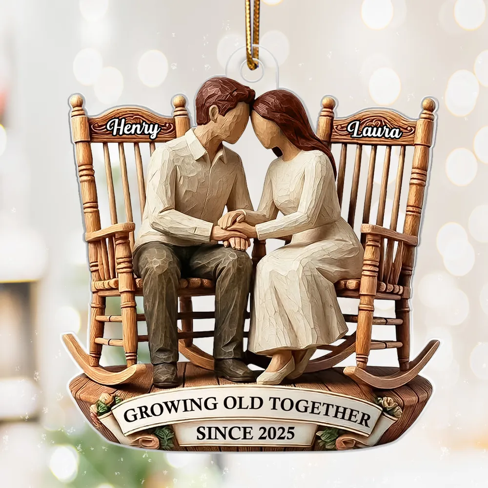 Couple Sitting On Rocking Chairs Faux Wood - Personalized Acrylic Ornament