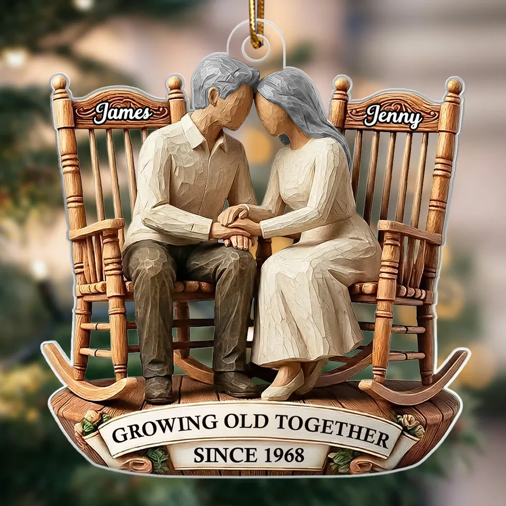 Couple Sitting On Rocking Chairs Faux Wood - Personalized Acrylic Ornament