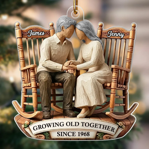 Couple Sitting On Rocking Chairs Faux Wood - Personalized Acrylic Ornament