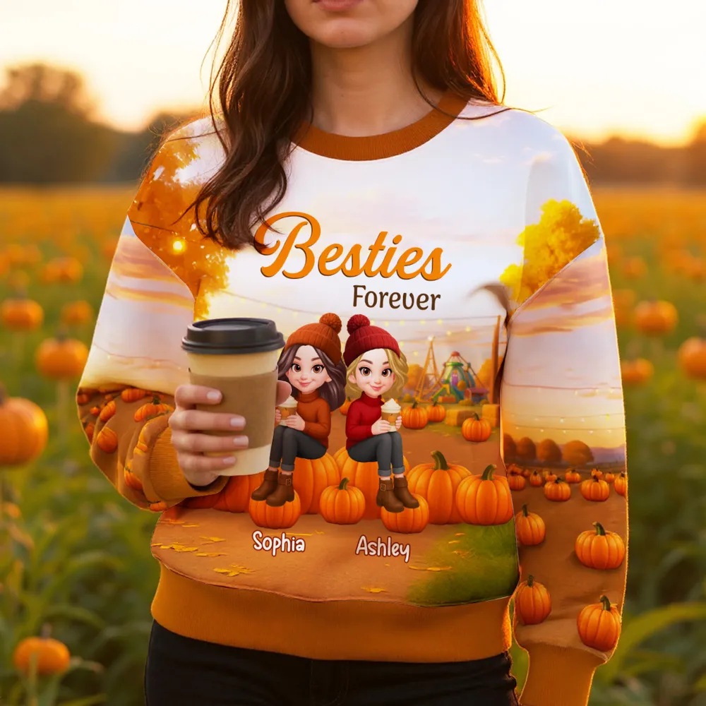 Fall Season Besties Sitting On Pumpkins Personalized 3D Sweatshirt