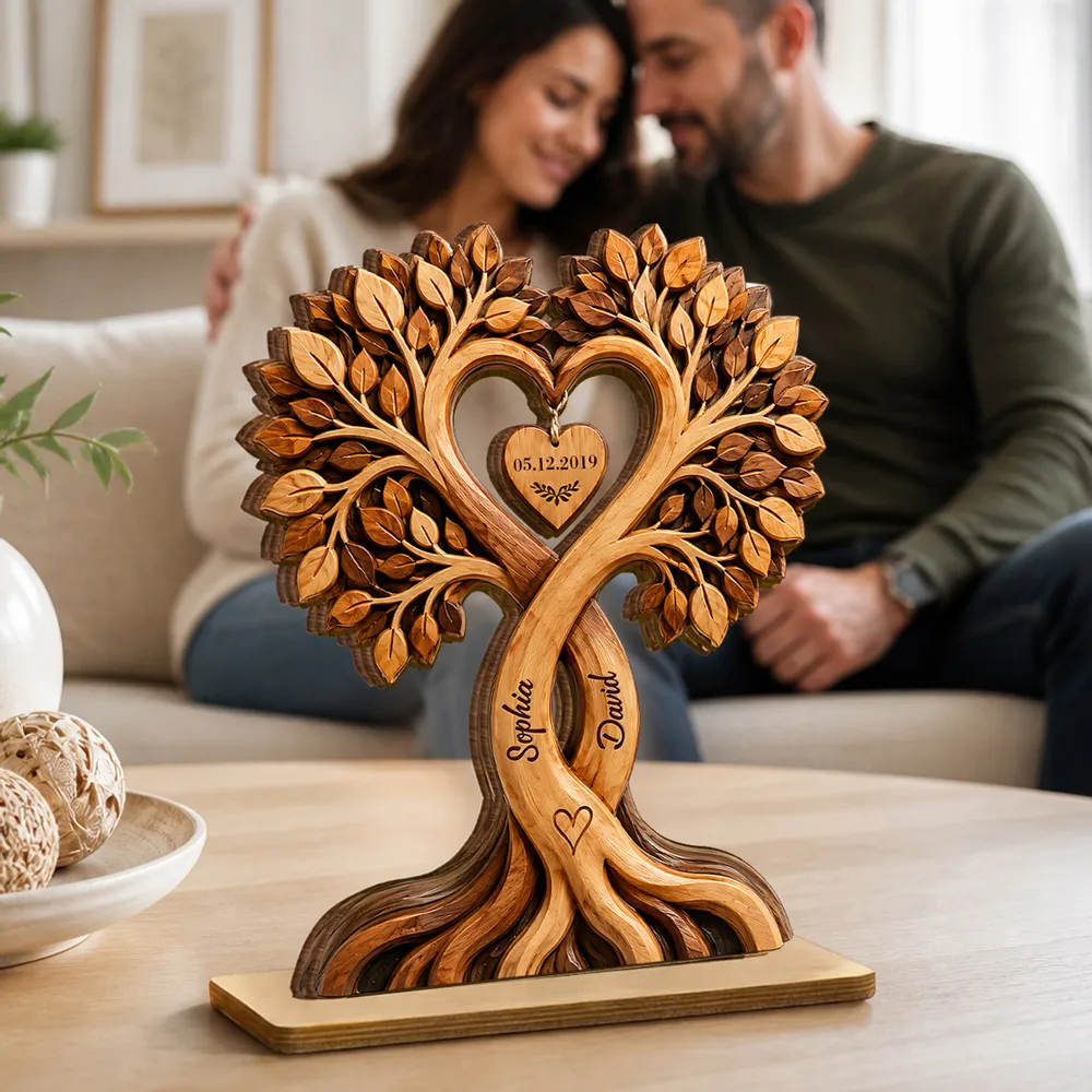 Couple Heart Tree - Personalized Wooden Plaque - Anniversary Gift for Him, Gift for Her
