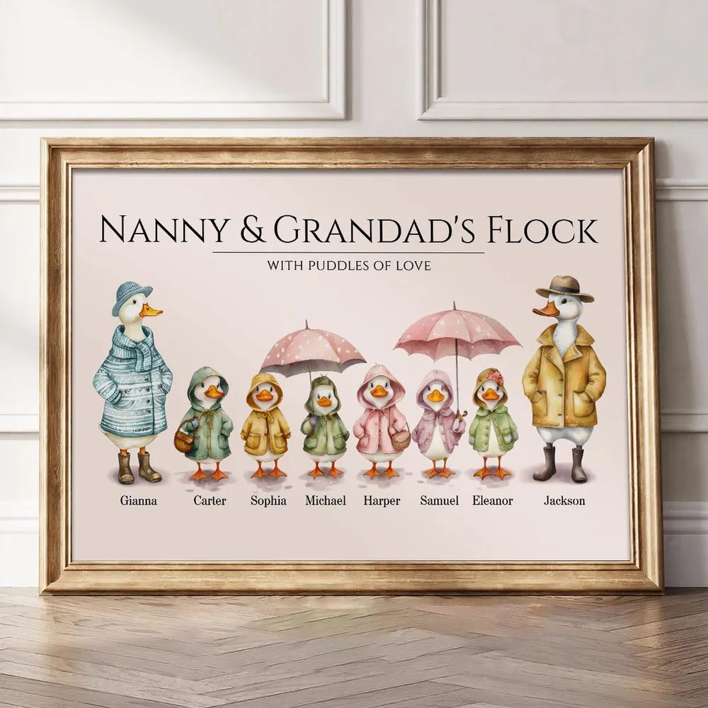 Grandparents Grandma Grandad's Flock Cute Watercolor Ducks Personalised Poster